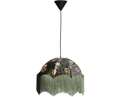 Hängande lampa med halvcirkelformad textilskärm, blommigt mönster och dekorativ fransad kant.