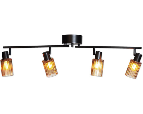 Takspotlight med fyra ljuskällor med räfflade glasskärmar och justerbara lamphuvuden för riktad belysning