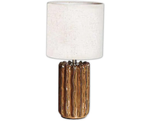 Bordslampa med cylindrisk lampskärm i tyg och strukturerad keramisk fot i träimitation