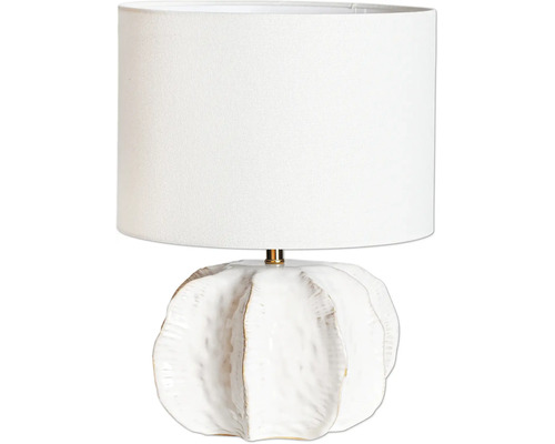 Bordslampa med cylindrisk textilskärm och strukturerad keramisk fot i organisk form. Bordslampa med cylindrisk textilskärm och strukturerad keramisk fot i organisk form.