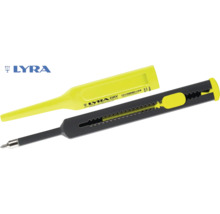 LYRA logotyp och Lyra Dry byggmarkör med avtagbart skyddslock och integrerad pennvässare för exakt märkning