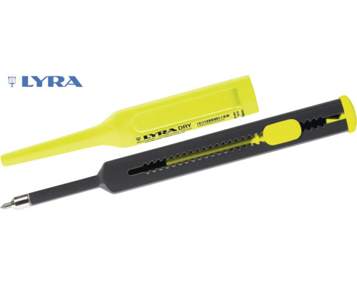 LYRA logotyp och Lyra Dry byggmarkör med avtagbart skyddslock och integrerad pennvässare för exakt märkning
