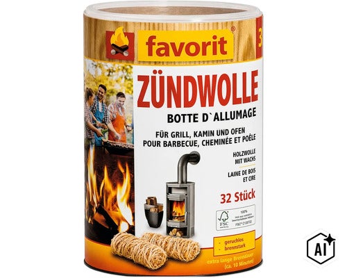Favorit tändull av träull med vax för grill, eldstad och ugn, 32 stycken, hållbart trä från ansvarsfullt skogsbruk med FSC märkning. (Image AI modified or generated)