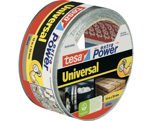 Tesa Extra Power Universal silverfärgad vävtejp, rulle med 10 meters längd och 50 millimeters bredd för reparation och fastsättning.
