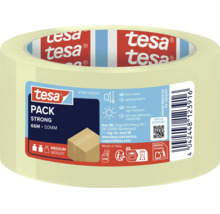 En rulle Tesa Pack Strong packtejp, 66 meter lång och 50 millimeter bred, lämplig för paket med medelvikt.