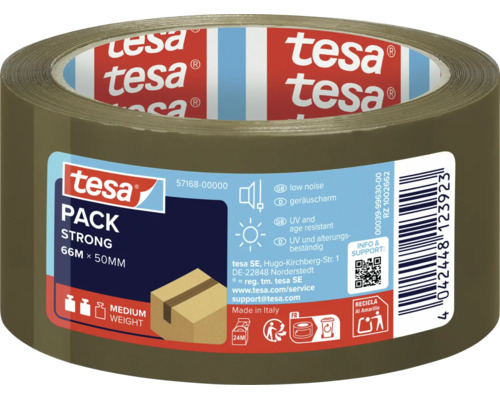 En rulle tesa Pack Strong packtejp med en längd på 66 meter och en bredd på 50 millimeter för paket med medelvikt.