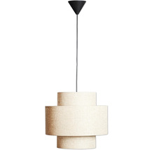 Modern taklampa med texturerad tygskärm i tredelad design och svart takfäste.