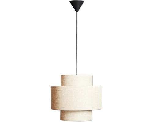Modern taklampa med texturerad tygskärm i tredelad design och svart takfäste.