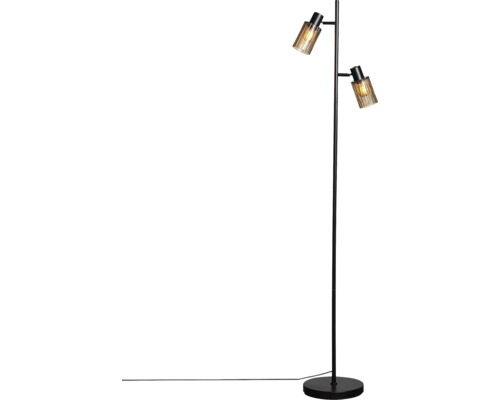 Modern golvlampa med två justerbara lamphuvuden och räfflade glasskärmar på en smal fot.