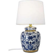 Bordslampa med keramisk fot med blommönster och vit textilskärm