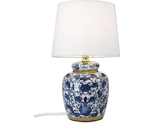 Bordslampa med keramisk fot med blommönster och vit textilskärm