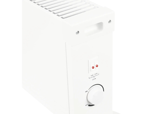 Elektrisk konvektor med termostat och strömbrytare för 750 watt och 1250 watt effekt för flexibel rumsuppvärmning.