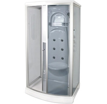 Komplett duschkabin med massagemunstycken, inbyggt säte och skjutdörrar i en modern design.