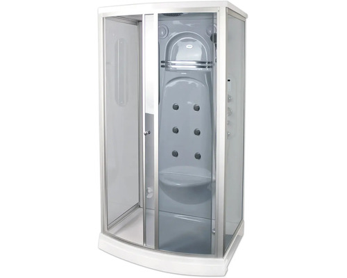 Komplett duschkabin med massagemunstycken, inbyggt säte och skjutdörrar i en modern design.