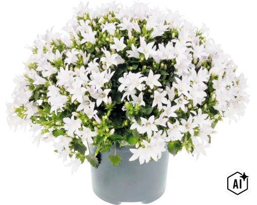 En blommande klockblomma i plastkruka med många vita blommor och gröna blad. (Image AI modified or generated)