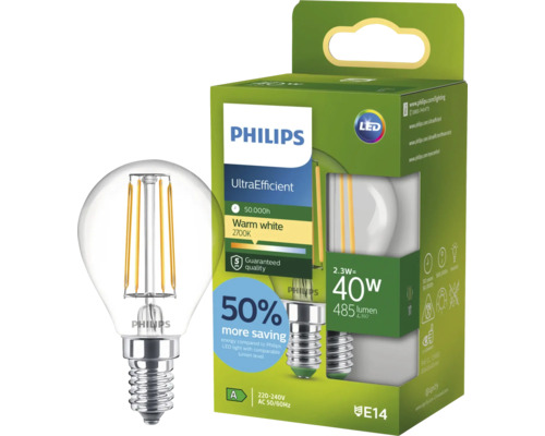 Philips LED klotlampa E14 2,3 Watt motsvarar 40 Watt varmvitt ljus 2700 Kelvin
