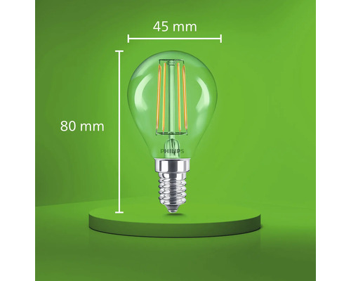 Philips LED filament dropplampa E14 med 45 millimeter diameter och 80 millimeter höjd
