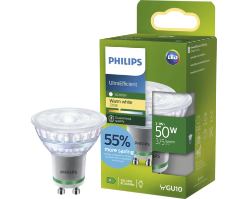 Philips LED-lampa GU10 2,1 Watt, varmvit 2700 Kelvin, UltraEfficient för energieffektiv belysning i produktförpackningen.