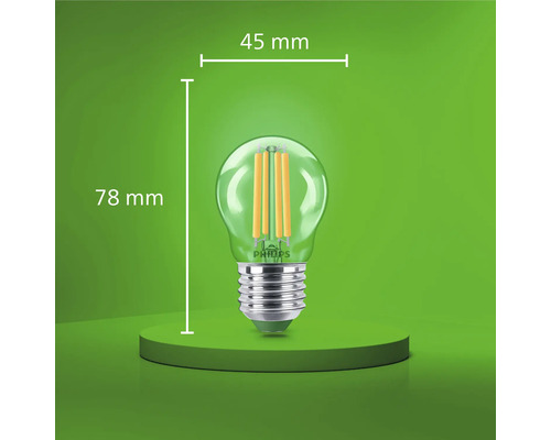 Philips LED filament dropplampa E27, diameter 45 millimeter, total höjd 78 millimeter