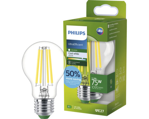 Philips LED glödtrådslampa E27, 5,2 watt motsvarar 75 watt, 1095 lumen, 4000 Kelvin, kallvit, energieffektiv belysning
