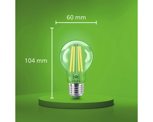 Philips LED filamentlampa med 60 millimeters diameter och 104 millimeters totalhöjd.