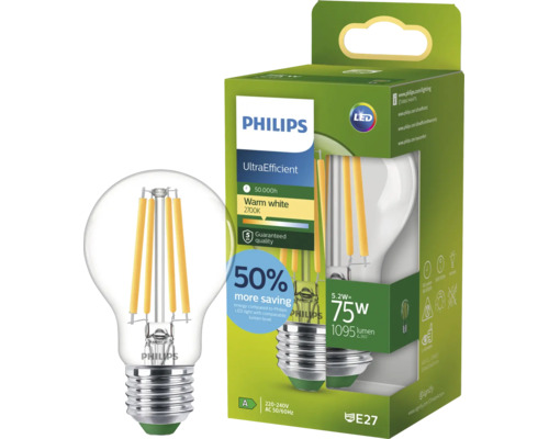 Philips LED lampa E27, 5,2 Watt motsvarar 75 Watt, 1095 lumen, varmvit 2700 Kelvin, UltraEfficient filamentlampa