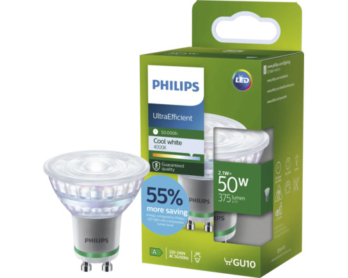 Philips UltraEfficient LED lampa GU10 2,1 Watt, 4000 Kelvin kallvitt ljus, 50.000 timmars livslängd, 375 lumen, energisparande LED ljuskälla.