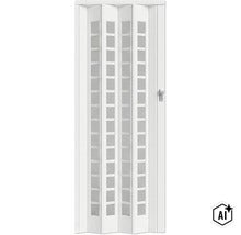 Vit vikdörr i plast med glasinsatser och dörrhandtag för platsbesparande rumsavdelning (Image AI modified or generated)