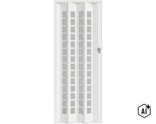 Vit vikdörr i plast med glasinsatser och dörrhandtag för platsbesparande rumsavdelning (Image AI modified or generated)