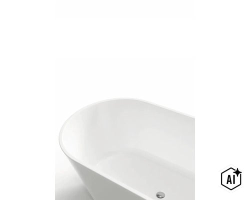 Fristående badkar med oval form och bottenventil i sanitetsakryl för badrummet. (Image AI modified or generated)