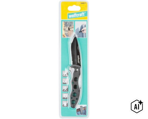 Wolfcraft fällkniv i blisterförpackning med användningsexempel och piktogram för fritidsaktiviteter. (Image AI modified or generated)