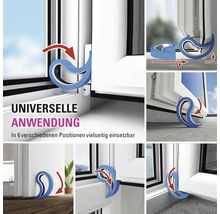Universellt fönsterstopp och dörrstopp med sex olika användningspositioner för ökad säkerhet och ventilation.