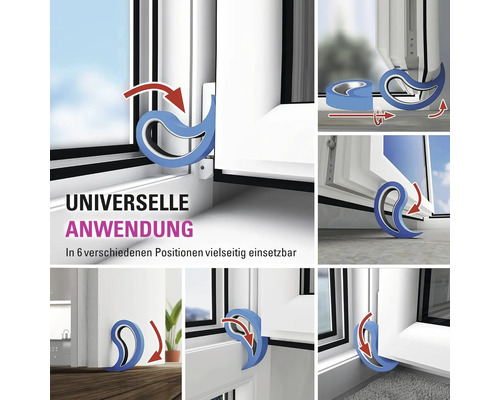 Universellt fönsterstopp och dörrstopp med sex olika användningspositioner för ökad säkerhet och ventilation.
