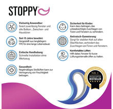 Infografik om Stoppy dörr och fönsterstopp med användningsområden och fördelar som säkerhet, hållbarhet och enkel hantering.