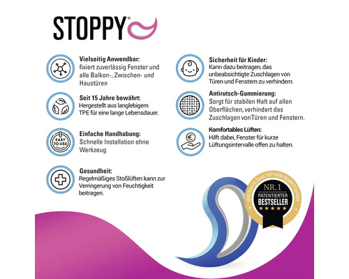 Infografik om Stoppy dörr och fönsterstopp med användningsområden och fördelar som säkerhet, hållbarhet och enkel hantering.