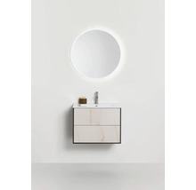 Badrumsmöbelset med tvättställsskåp, keramiskt tvättställ, blandare och rund väggspegel med belysning i modern design.