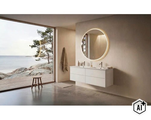Modernt badrum med dubbla tvättställ, stor upplyst rund spegel och panoramautsikt över kusten. (Image AI modified or generated)