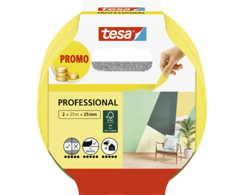Tesa Professional maskeringstejp förpackning med två rullar vardera 25 meter lång och 25 millimeter bred inklusive FSC certifiering
