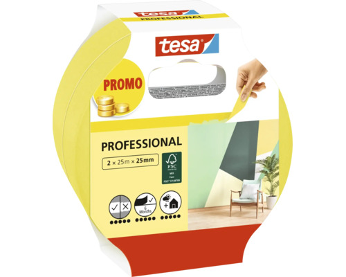 Tesa Professional maskeringstejp i 2 pack med 25 meter langd och 25 millimeter bredd for malningsarbeten inomhus och utomhus