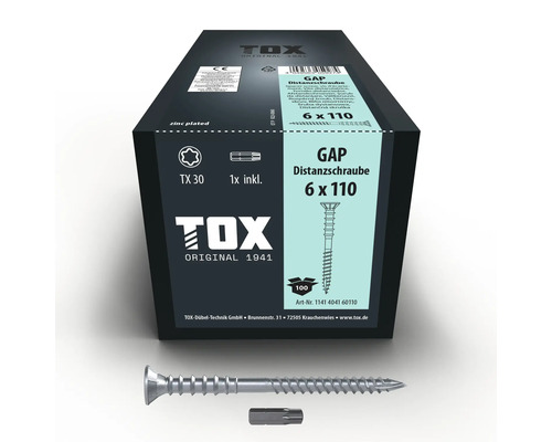 TOX GAP distansskruv 6 gånger 110 millimeter förzinkad med TX 30 bit i förpackning om 100 stycken.