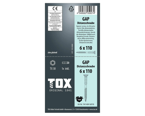 Distansskruv TOX GAP 6 x 110 förzinkad med TX 30 bit
