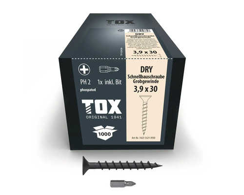 TOX gipsskruv DRY 3,9 gånger 30 millimeter med grov gänga och PH 2 bits i en förpackning om 1000 stycken