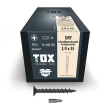 TOX gipsskruv DRY 3,9 gånger 35 millimeter med grov gänga och PH 2 spår inklusive bits, 1000 stycken i kartong.
