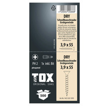 TOX gipsskruv med grov gänga 3,9 gånger 55 millimeter, 500 stycken inklusive bits, fosfaterad för gipsskivor.