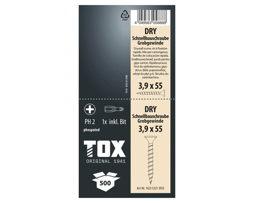TOX gipsskruv med grov gänga 3,9 gånger 55 millimeter, 500 stycken inklusive bits, fosfaterad för gipsskivor.