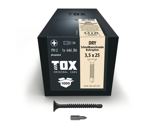 TOX Dry gipsskruv med borrspets 3,5 x 25 millimeter i förpackning om 1000 stycken inklusive Phillips 2 bits fosfaterad