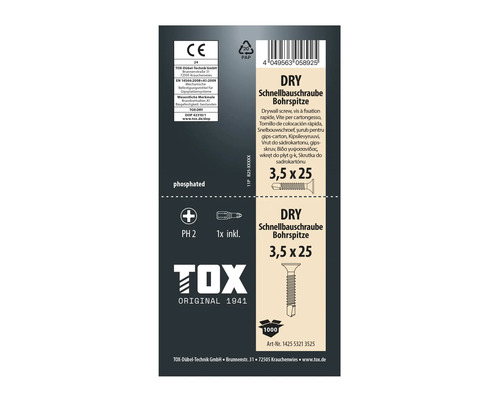 TOX gipsskruv med borrspets 3,5 x 25 mm fosfaterad inklusive PH 2 bits för gipsskivor 1000 stycken