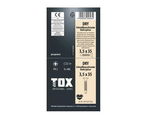 TOX gipsskruv DRY med borrspets, 3,5 gånger 35 millimeter, fosfaterad, inklusive bits, 1000 stycken