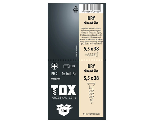 Gipsskruv TOX för gips mot gips 5,5 gånger 38 millimeter med PH 2 drivning och inkluderad bit, förpackning med 500 stycken.