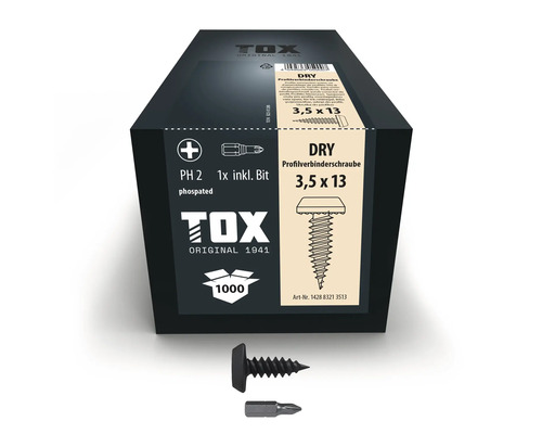 Tox Dry profilbindarskruvar 3,5 gånger 13 millimeter med kryssspår PH 2 drivning och inklusive bits i förpackning med 1000 stycken